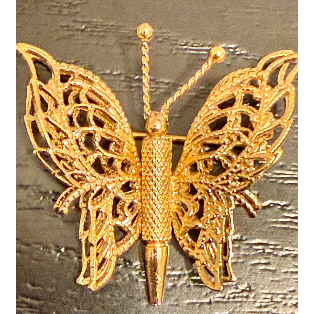 Vintage Signed Monet Gold Tone Filigree Butterfly Brooch